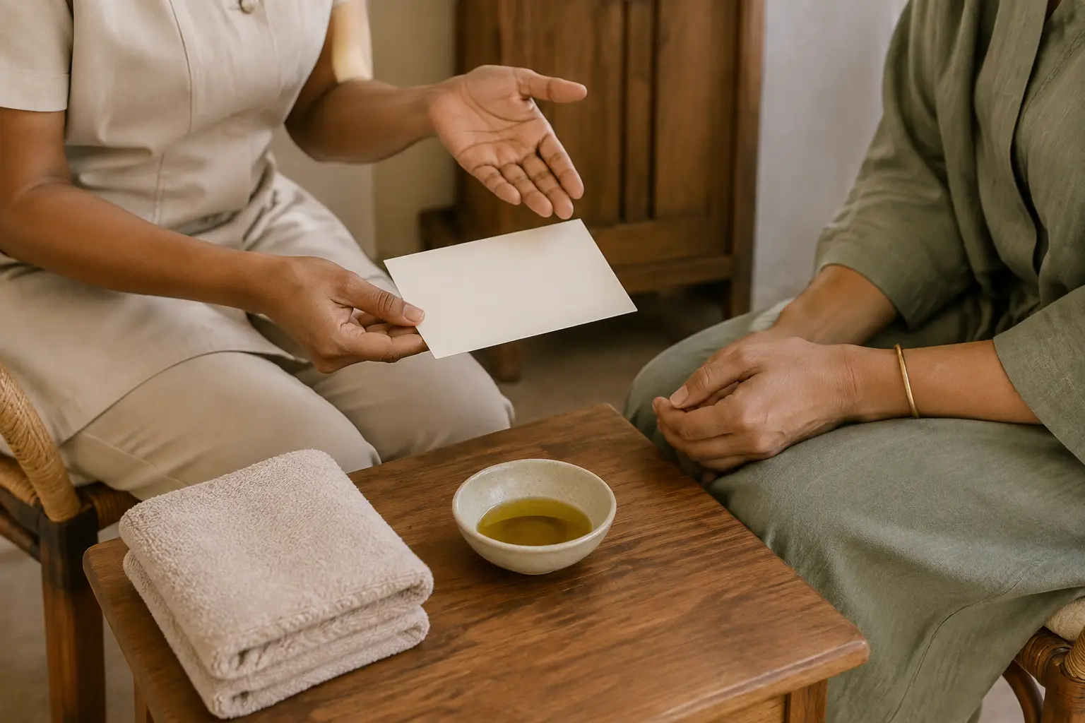 Guest discussing massage style, duration and comfort preferences before a spa session